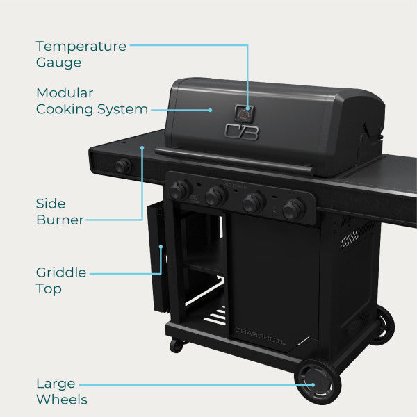 Parrilla y plancha a gas de 4 quemadores Pro Series™ con quemador lateral